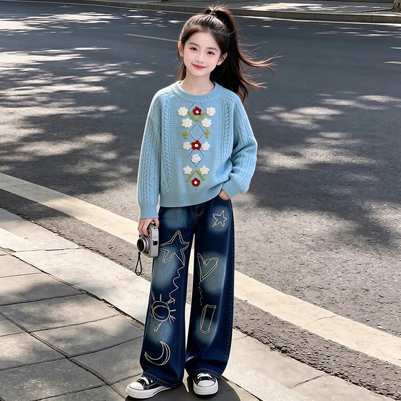 女童春秋款套装毛衣2026新款中大童韩系针织上衣牛仔裤时髦两件套