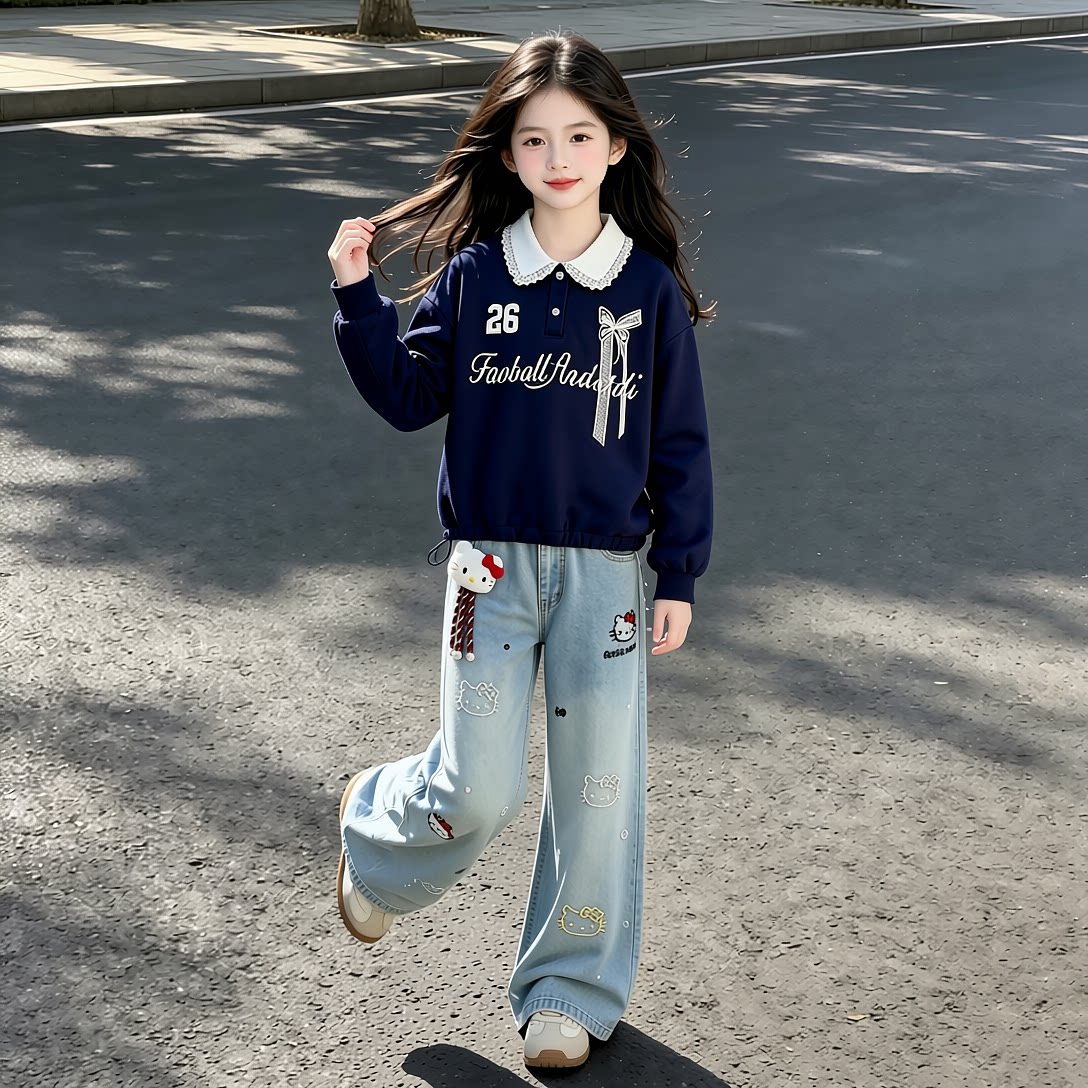 女童秋季学院风时尚卫衣套装2026新款女孩中大童牛仔裤两件套潮