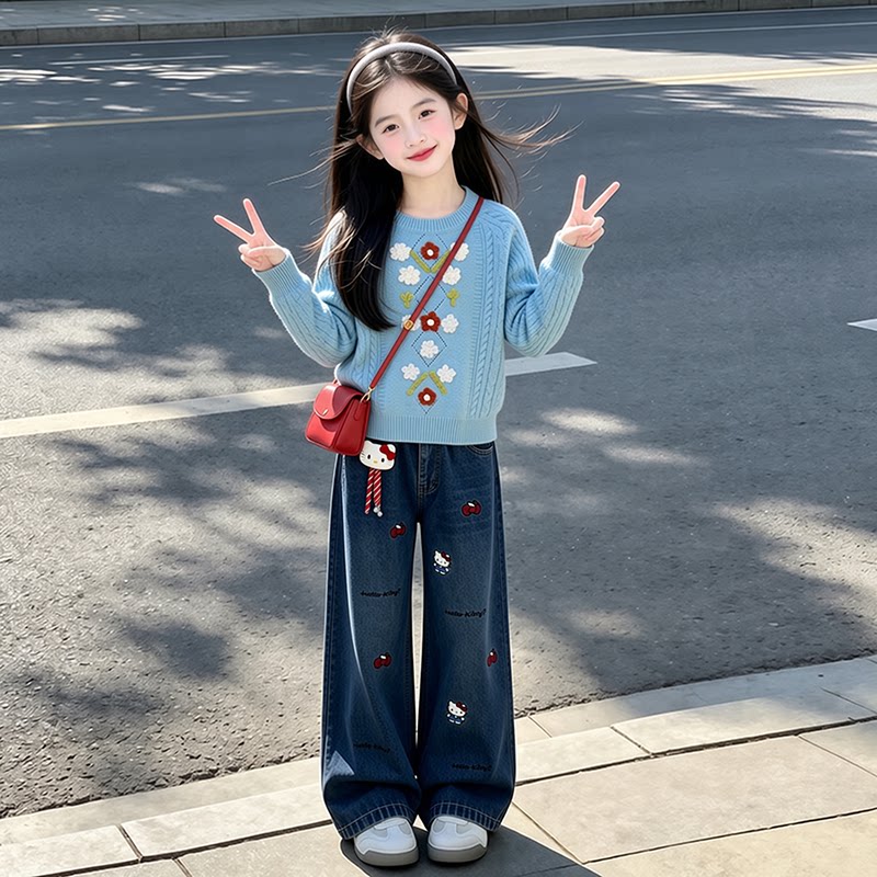 女童毛衣套装秋季2026新款儿童韩系穿搭女孩甜美刺绣针织衫牛仔裤