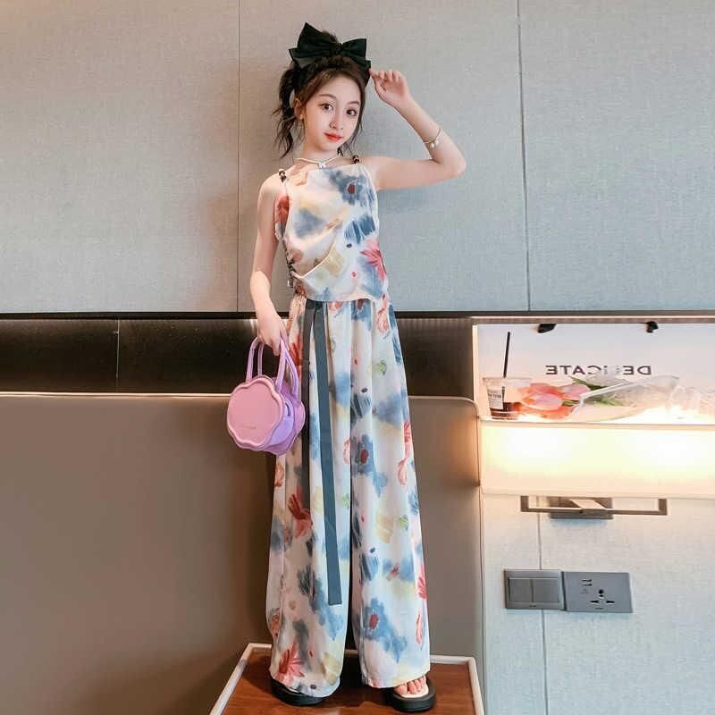 女童网红时髦套装夏季洋气中大童小女孩水墨画吊带衫阔腿裤两件套