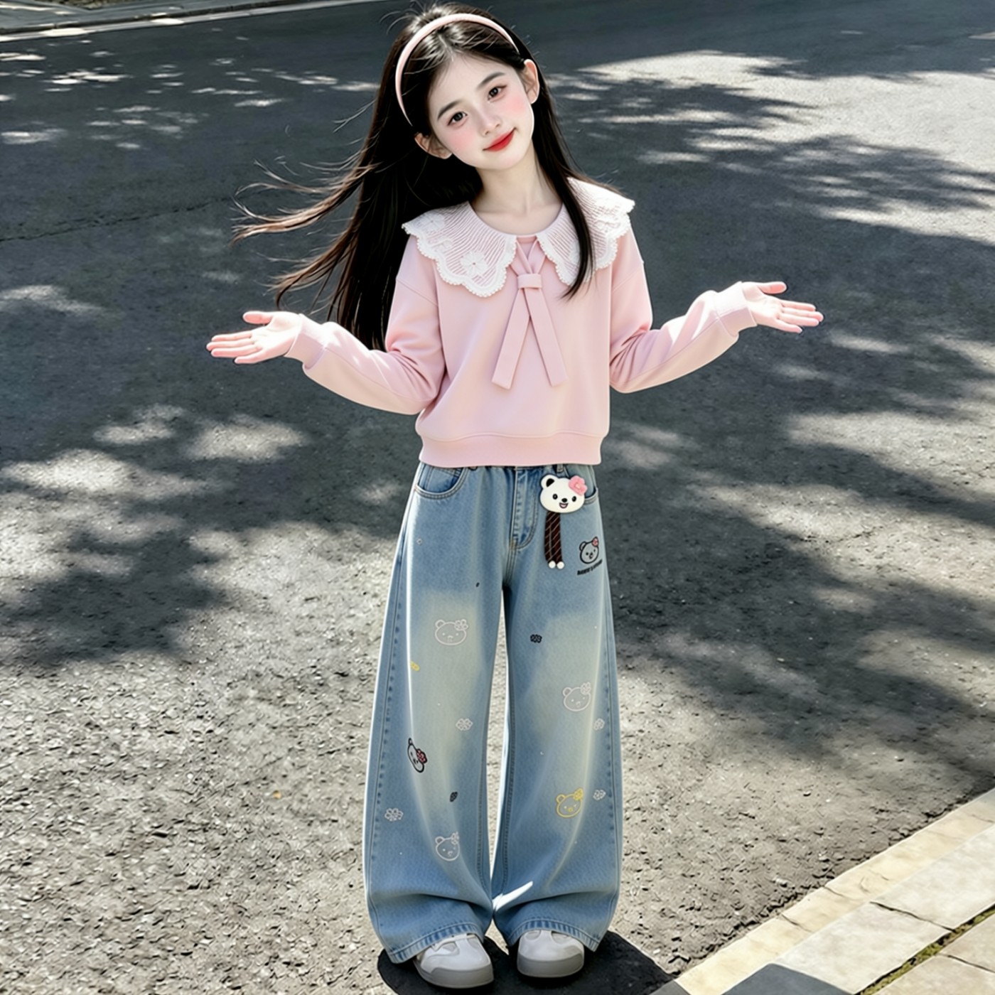 女童春秋娃娃领蕾丝卫衣套装2026新款中大童韩版时尚牛仔裤两件套