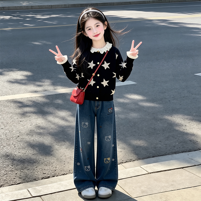 女童秋装套装2026新款大童洋气打底衫儿童春秋季毛衣牛仔裤三件套
