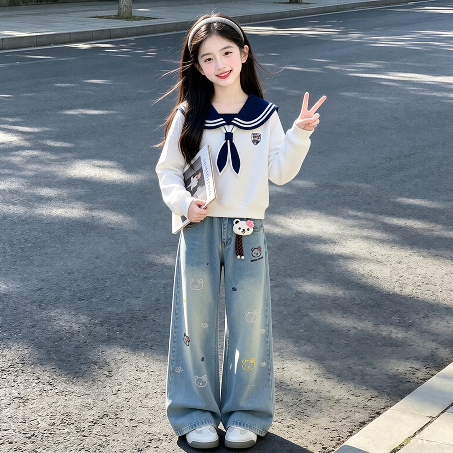 女童套装秋季2026新款中大童女孩海军领披肩卫衣牛仔阔腿裤两件套