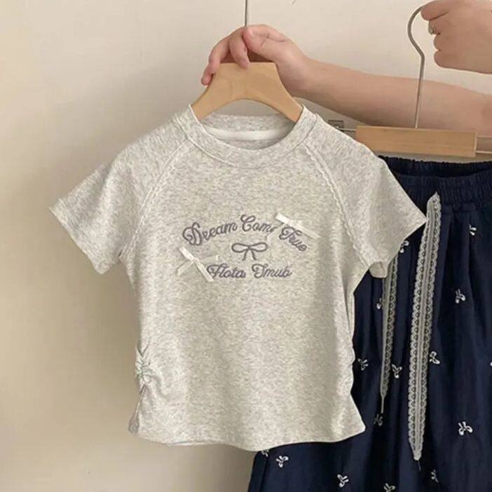 女童短袖T恤夏季2026新款儿童蝴蝶结刺绣半袖夏装女宝宝百搭上衣
