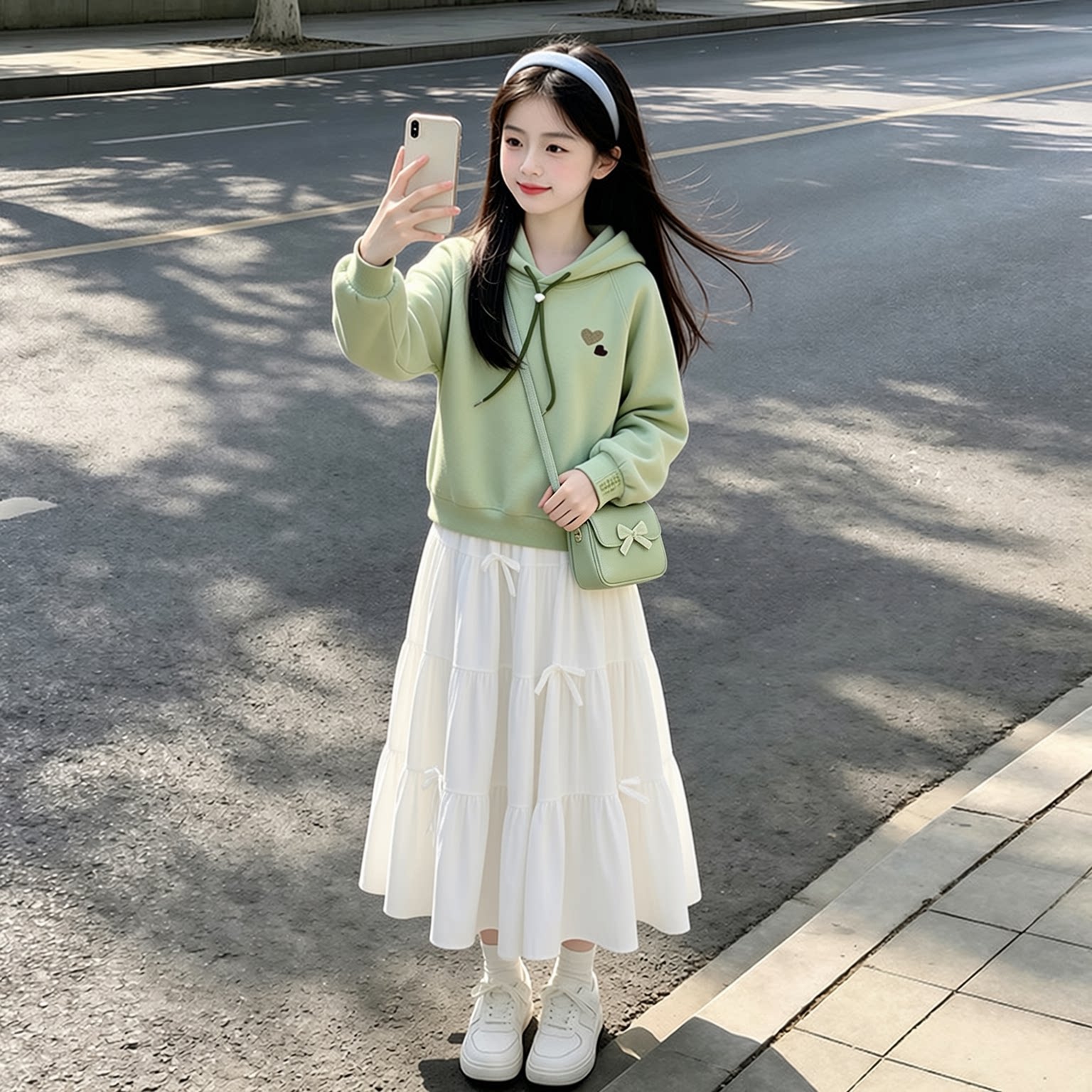 女童春秋季连帽卫衣长袖韩系可爱洋气半身裙两件套中大童套装裙子