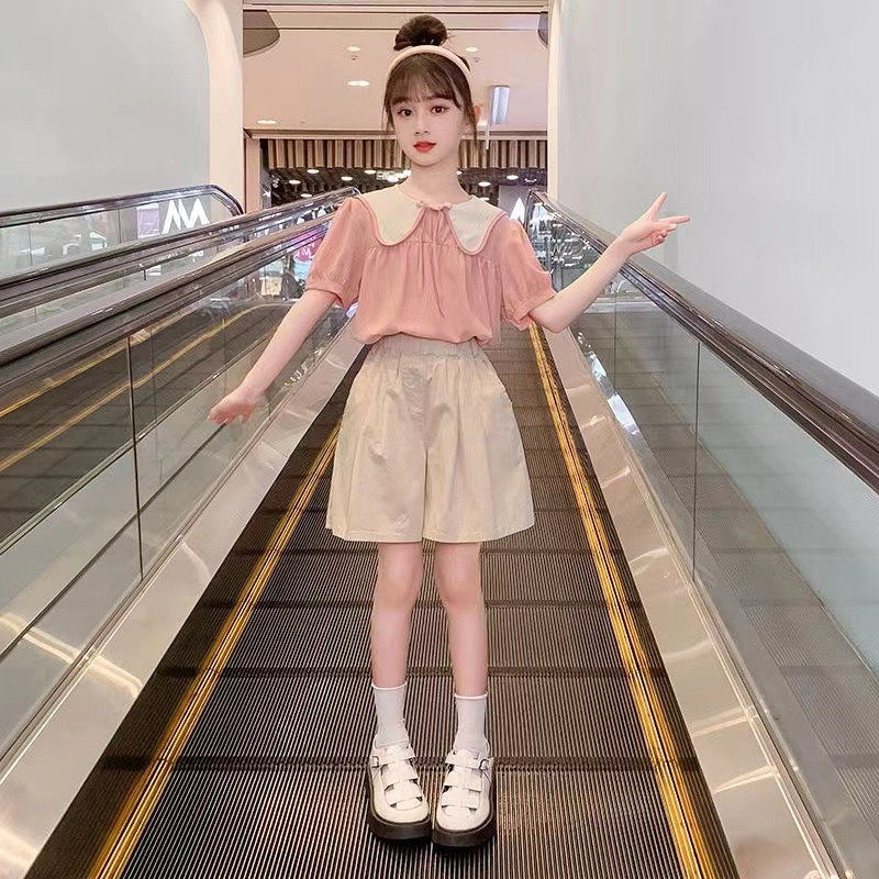 女童休闲套装夏装韩版网红儿童装小女孩娃娃领短袖上衣短裤两件套