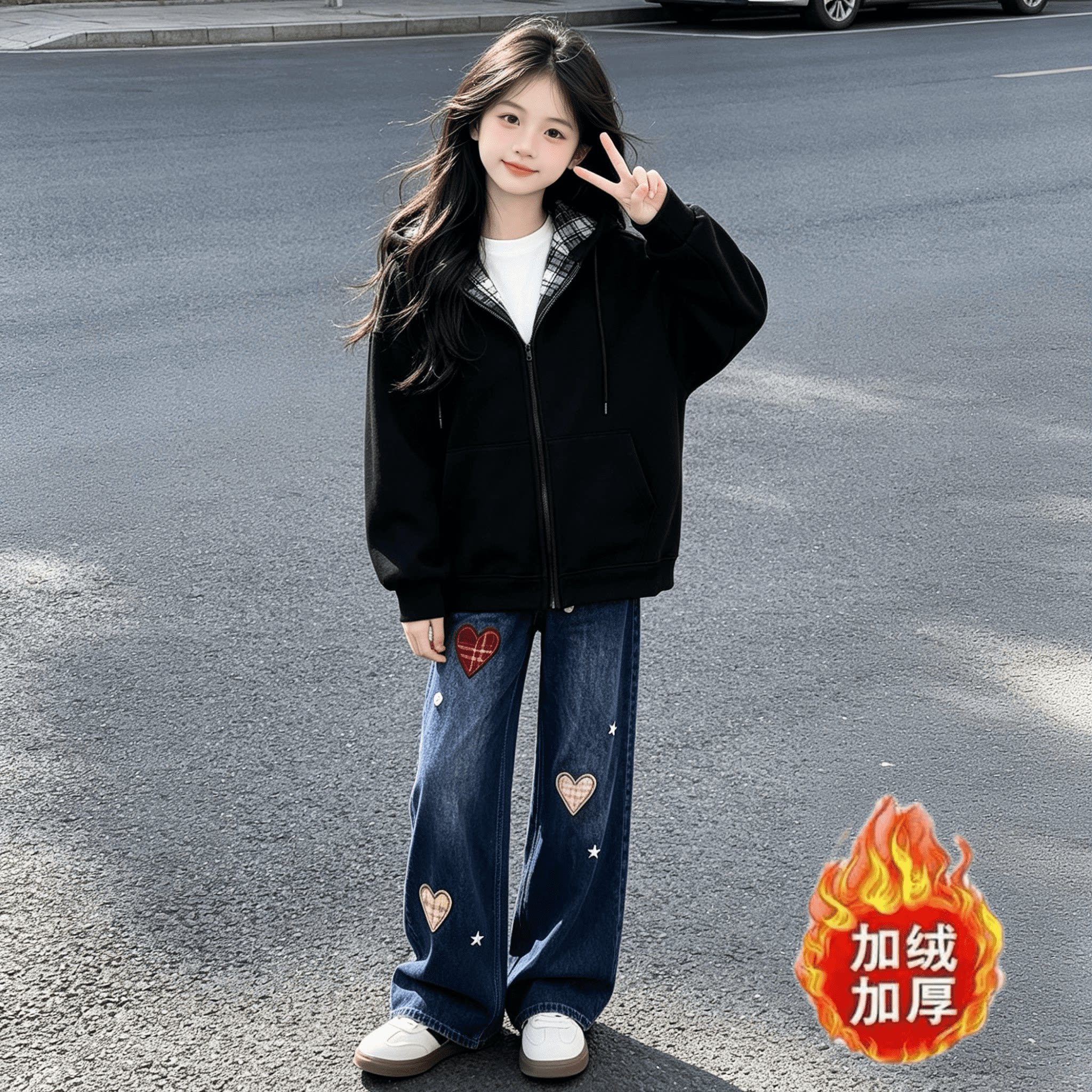 女童冬季套装2026新款中大童连帽外套加绒加厚秋冬装儿童牛仔长裤