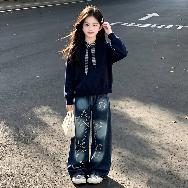 女童韩版格纹毛衣牛仔裤套装秋季2026新女孩网红爆款巨好看休闲潮