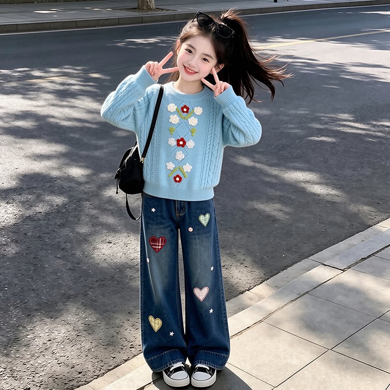 女童秋季套装儿童2026新款秋洋气穿搭女孩秋装初中生针织衫牛仔裤
