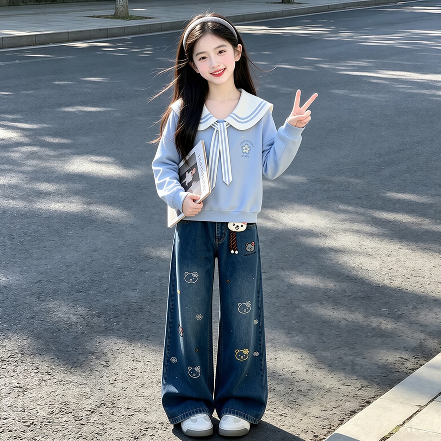 女童秋季牛仔阔腿裤套装2026新款儿童海军领系带上衣女孩洋气卫衣