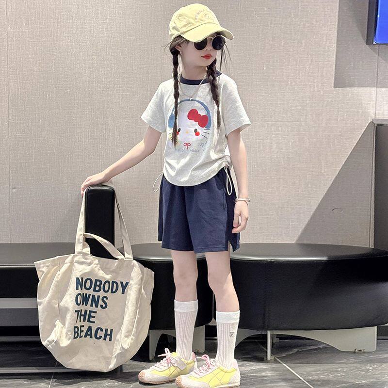 女童小清新套装夏季洋气中大童小女孩卡通短袖T恤运动短裤两件套