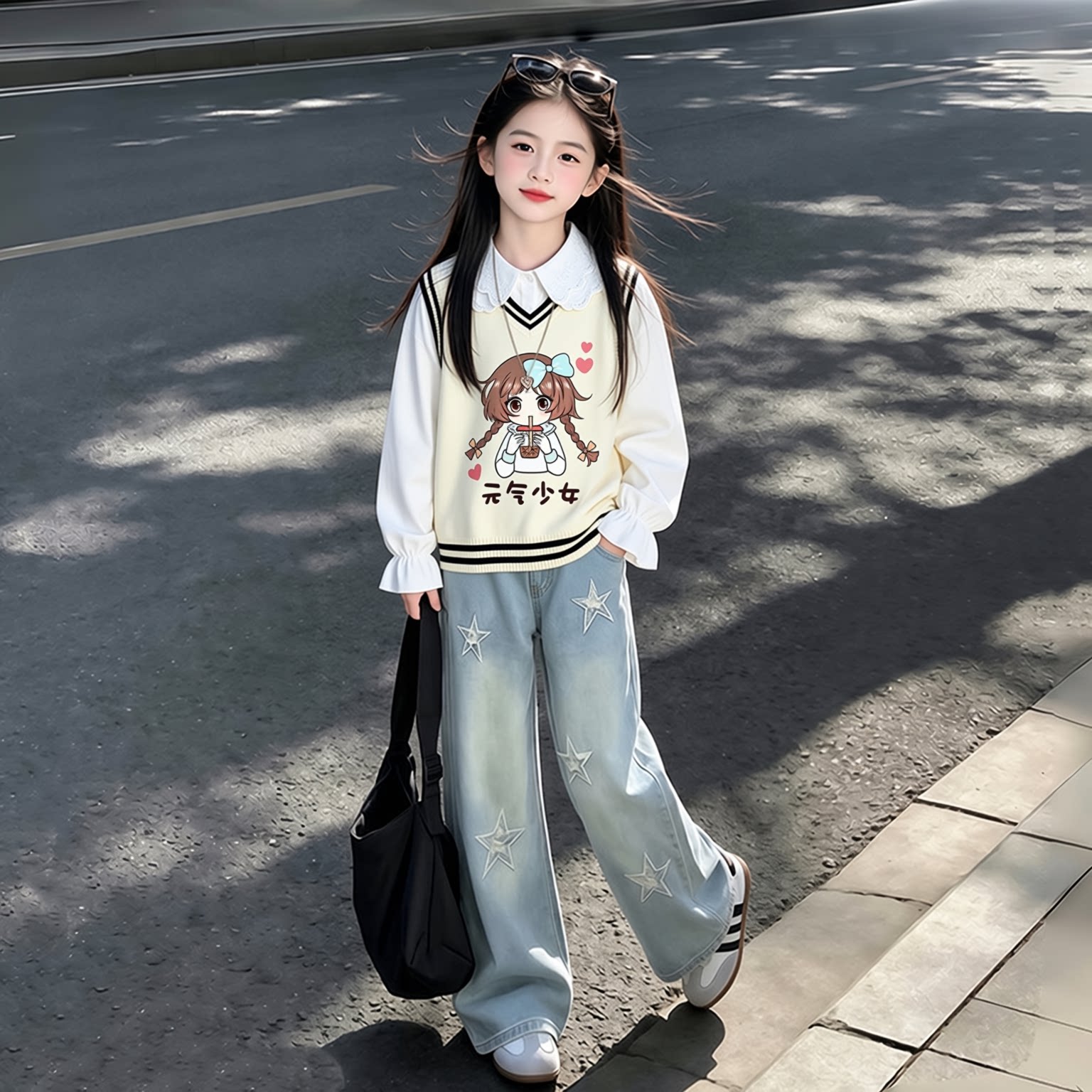女童套装秋装2026新款儿童韩版春秋针织马甲衬衫牛仔裤三件套洋气