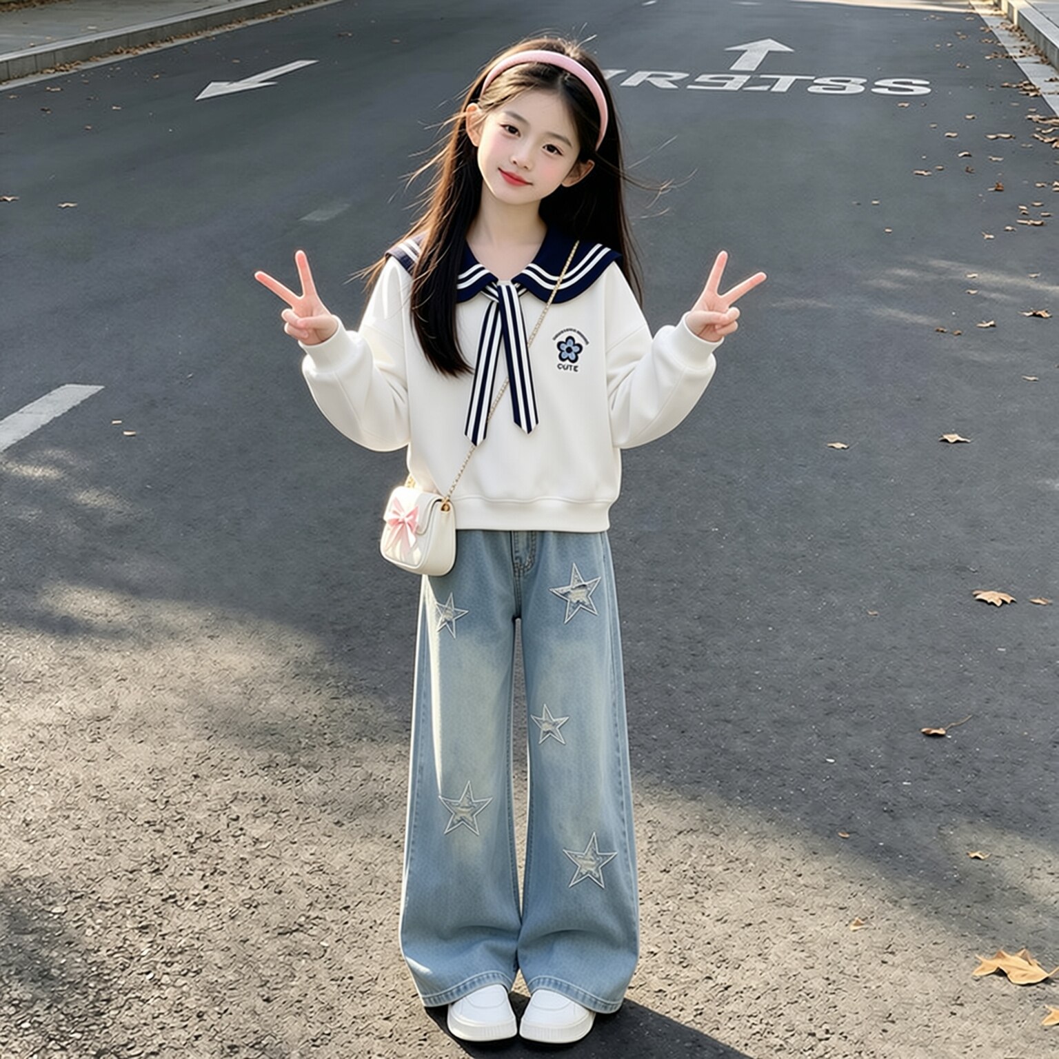 女童早秋海军领卫衣牛仔两件套