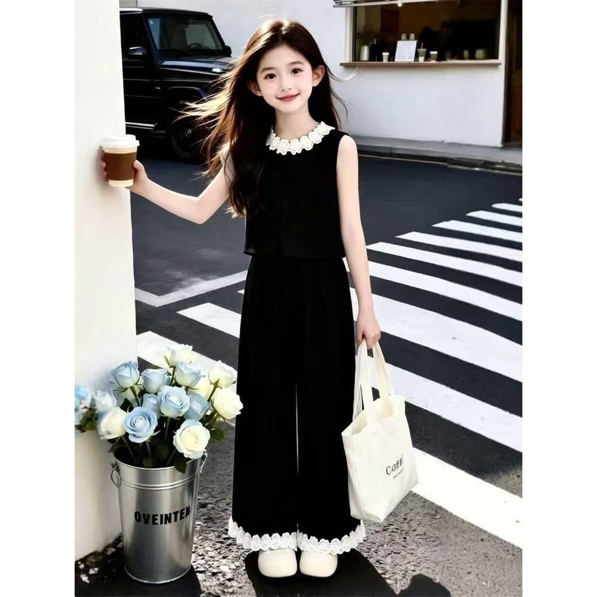 女童夏季花朵无袖拼接裤两件套