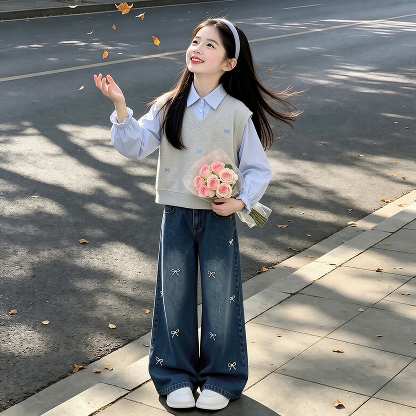 女童秋装套装2026新款儿童学院风假两件衬衫领卫衣牛仔阔腿两件套