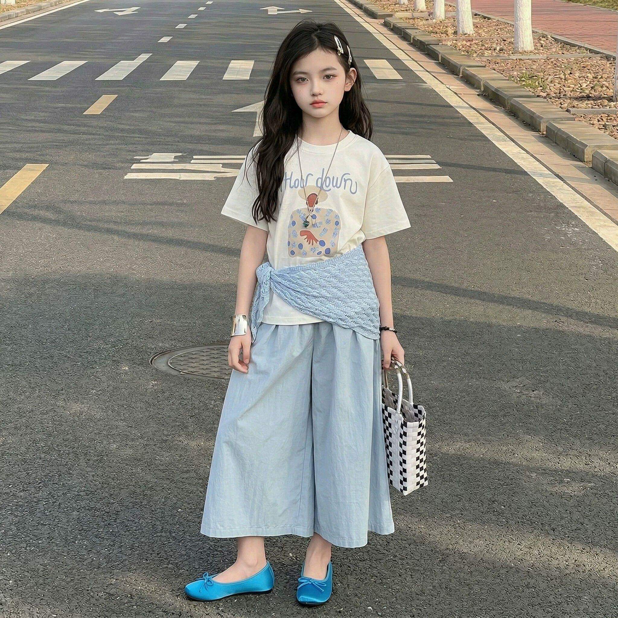 女童夏装短袖套装2026新款女大童夏季韩系T恤儿童阔腿裙裤两件套