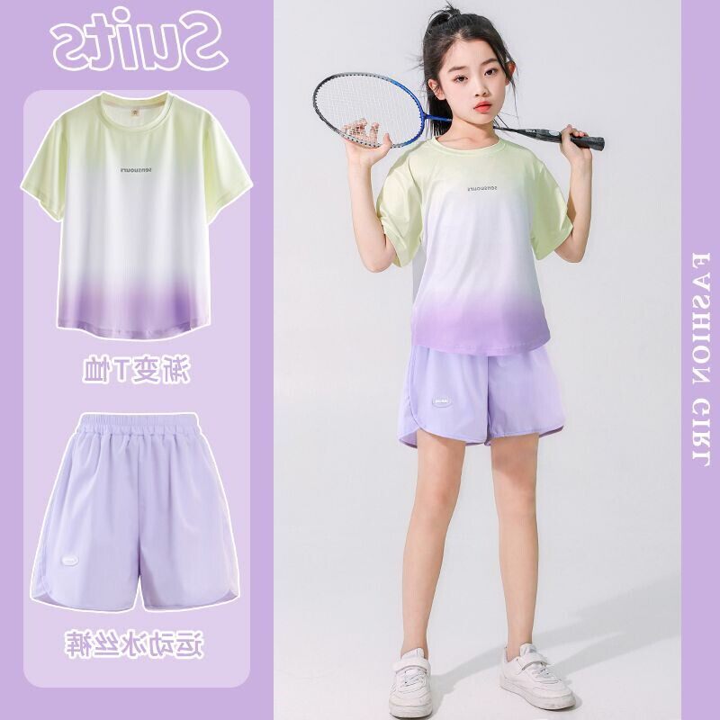 女童运动速干衣套装夏季洋气中大童小女孩跑步羽毛球训练服两件套