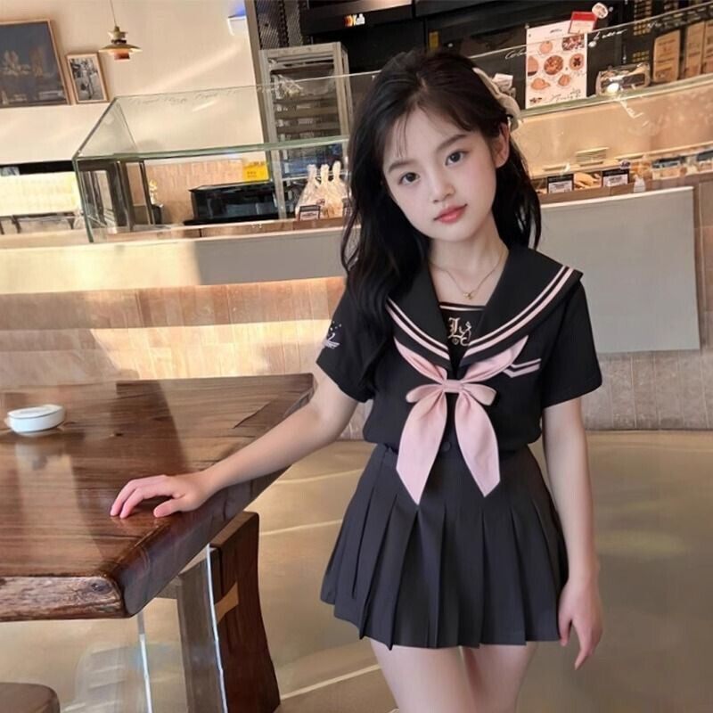 女童学院风JK制服套装夏季洋气中大童女孩蝴蝶结衬衫百褶裙两件套