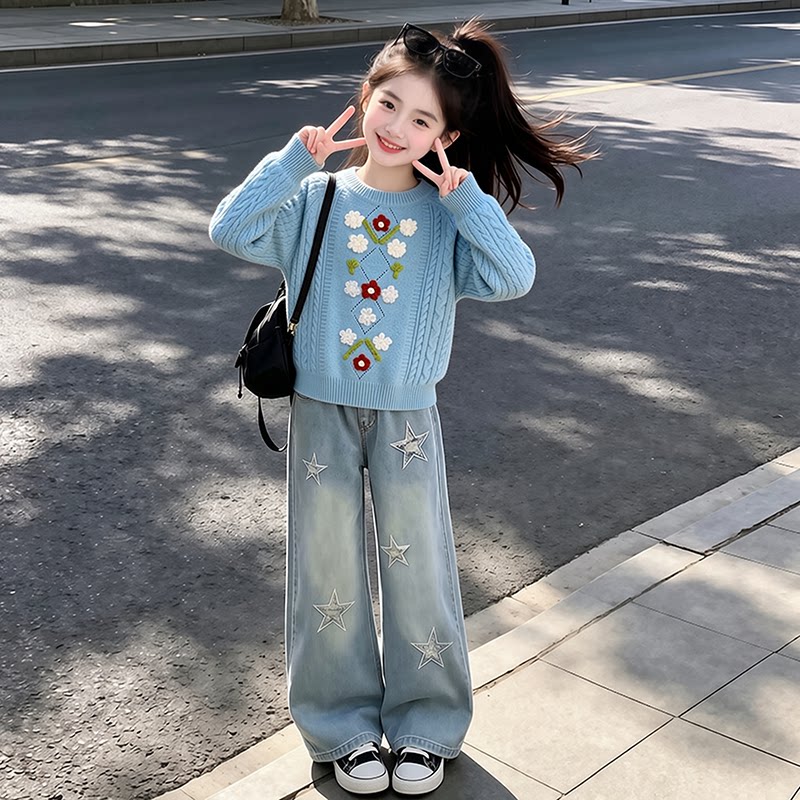 女童春秋款毛衣套装2026新款儿童洋气刺绣上衣五角星牛仔裤两件套