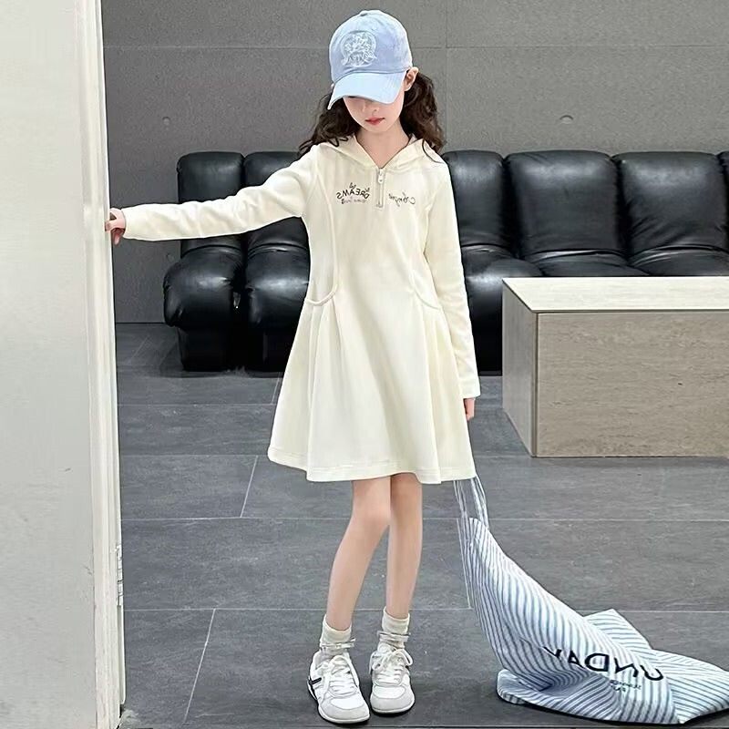 女童韩系连衣裙春秋季洋气时髦中大童小女孩长袖连帽休闲卫衣裙潮