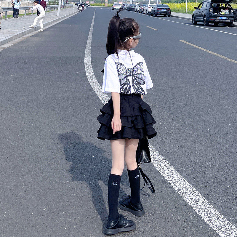 2026夏季新款女童韩版宽松蝴蝶圆领短袖T恤高腰时髦蛋糕裙两件套