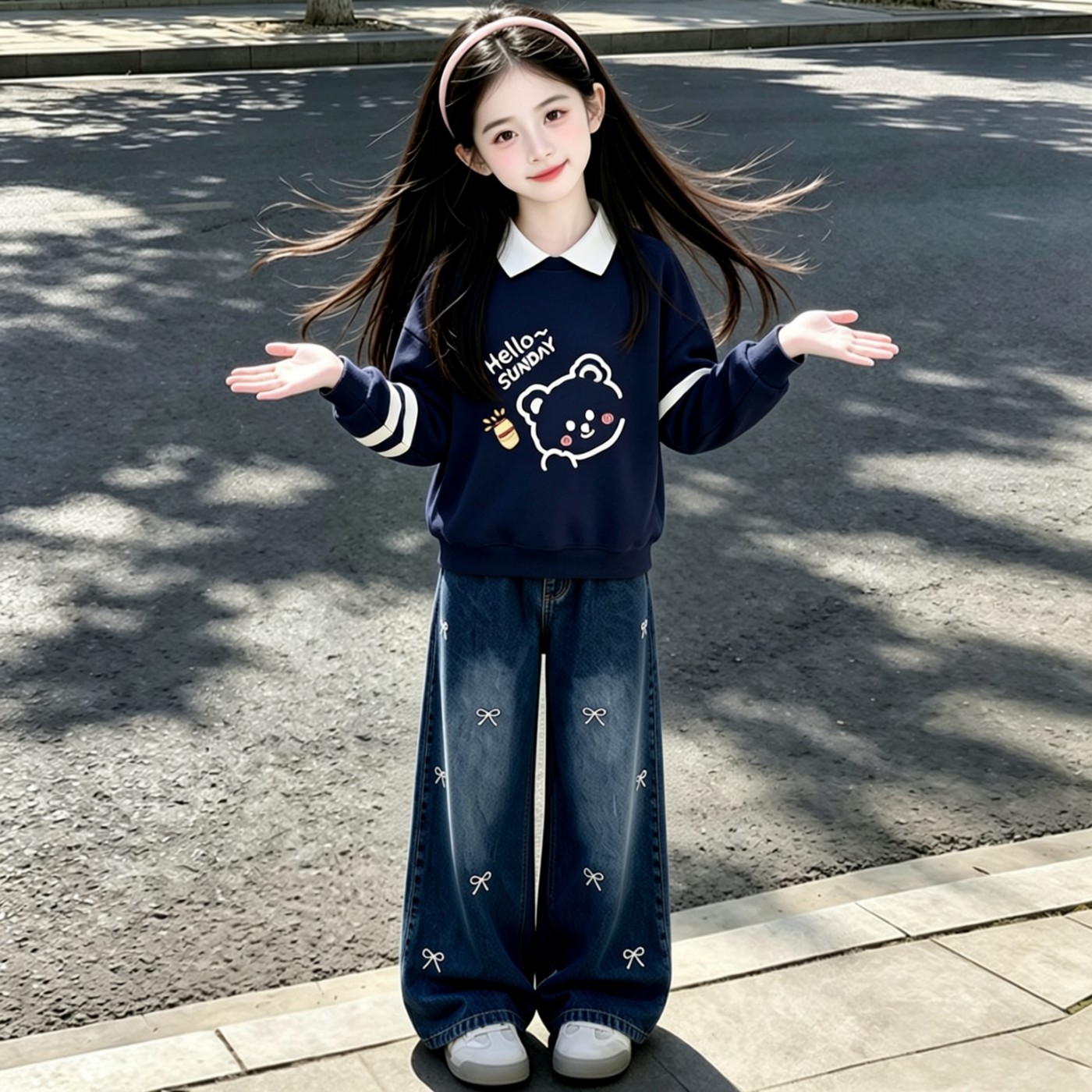 女童学院风套装春秋2026新款儿童洋气POLO领卫衣牛仔阔腿裤两件套