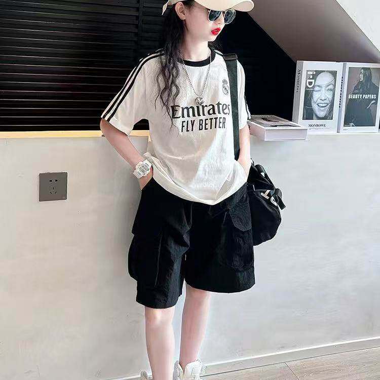 女童休闲运动套装夏季洋气中大童女孩短袖T恤速干工装短裤两件套