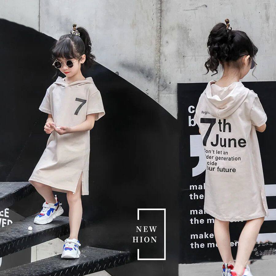 女童夏季韩版连帽开叉A字T恤裙