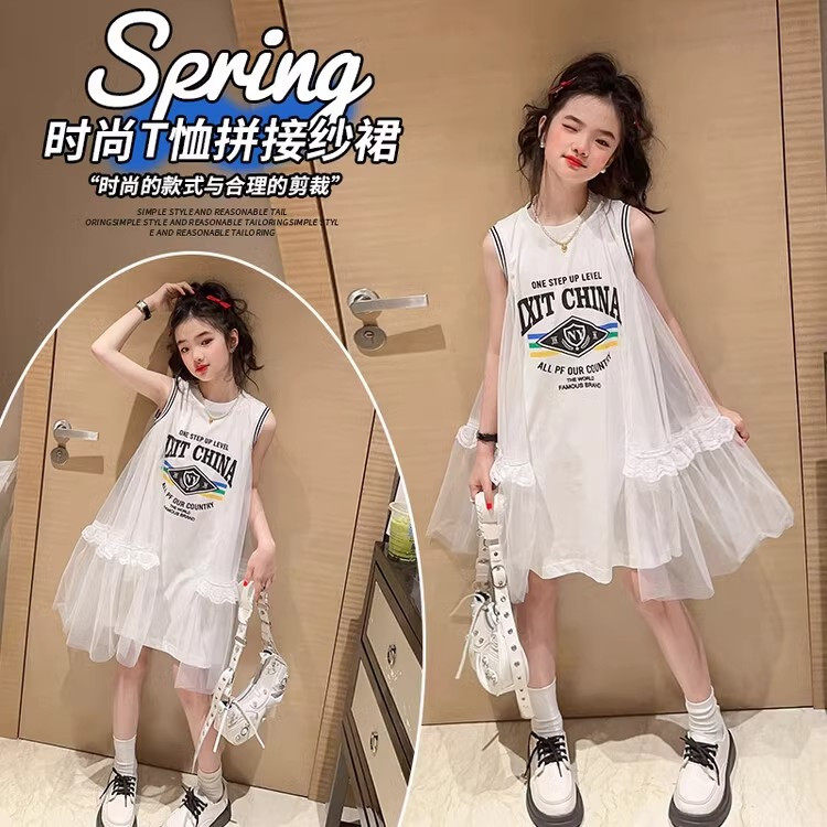 女童无袖连衣裙夏季洋气中大童网纱公主裙小女孩学院风休闲背心裙