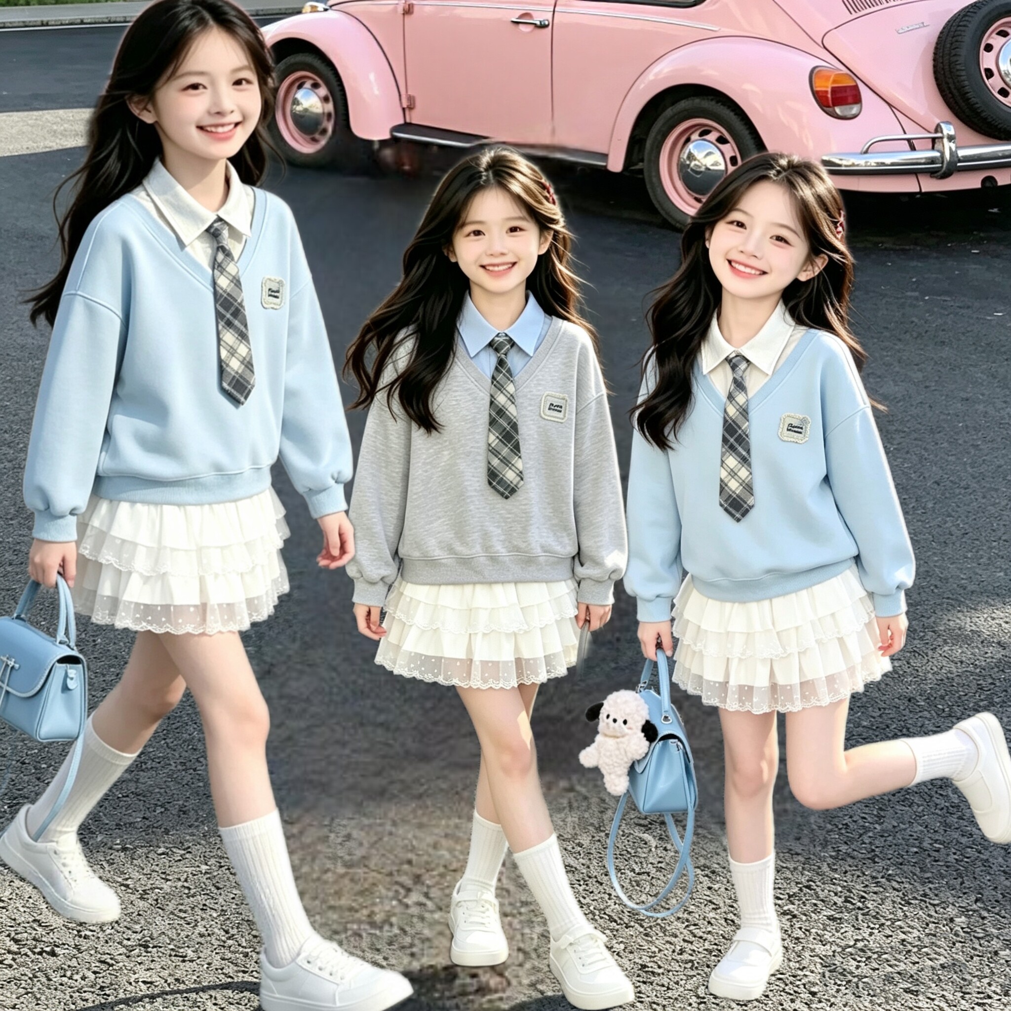 女童学院风卫衣秋冬套装2026新款女孩波点网纱裙一整套儿童假两件