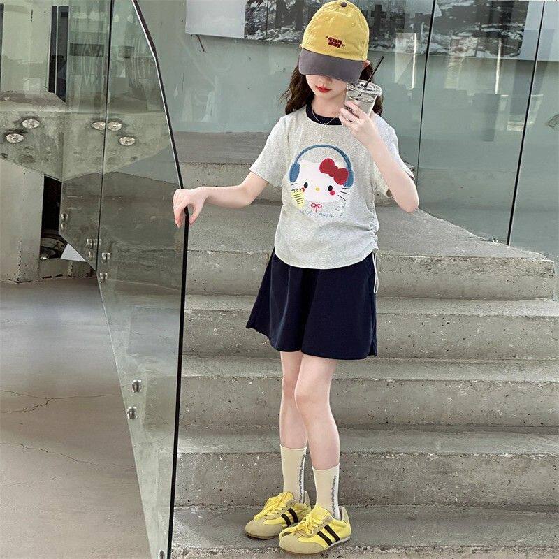 女童休闲运动套装夏季韩版气中大童女孩卡通短袖T恤短裤两件套