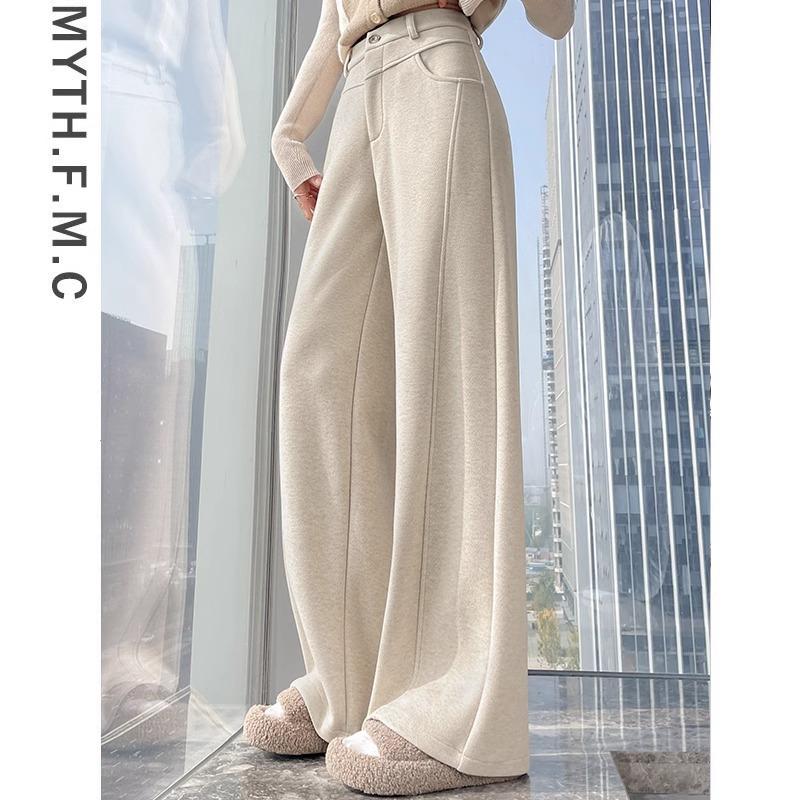 米白色加绒慵懒风松弛感糯米裤子女秋冬季宽松直筒窄版弯刀阔腿裤