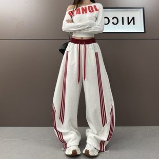 新款 美式 复古三条杠撞色拼接休闲运动裤 女2026春季 潮 高腰阔腿卫裤