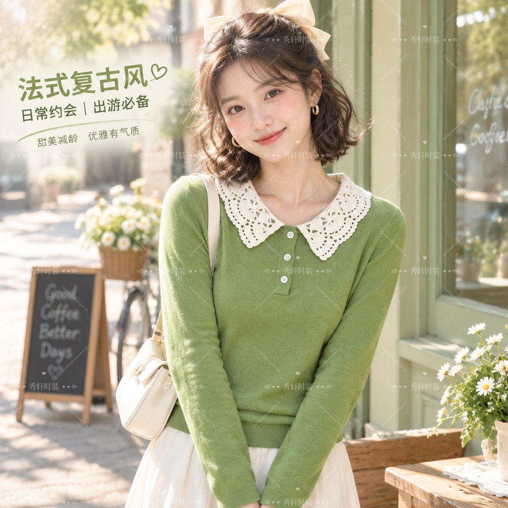 甜美蕾丝娃娃领针织衫女毛衣2026秋冬半开扣宽松显瘦洋气长袖上衣