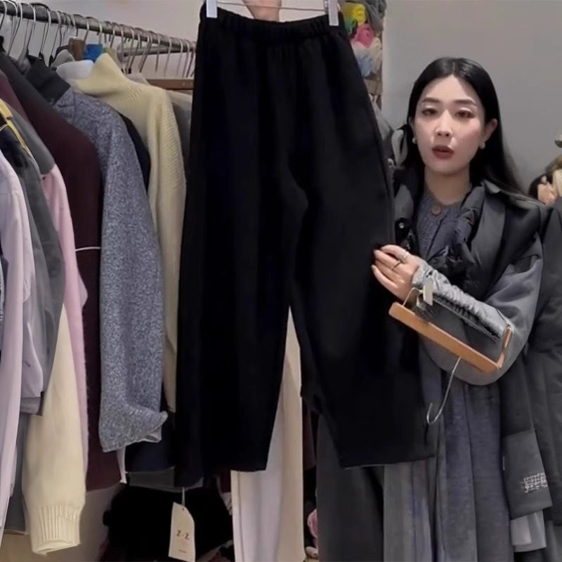 黑色毛呢弯刀九分裤女2026年春秋季新款松紧高腰宽松阔腿哈伦裤子,女装/女士精品,休闲裤,淘宝优惠券,粉丝福利购,淘宝优惠卷