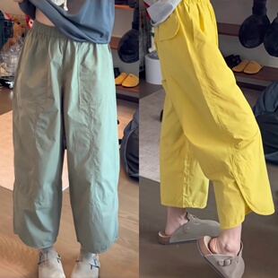 宽松小个子九分休闲裤 2026年新款 春夏季 韩系军绿色显瘦直筒阔腿裤