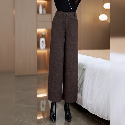 咖啡色大脚加绒加厚宽松直筒裤子