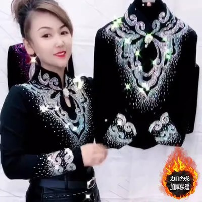 半高领蕾丝打底衫女网纱烫钻上衣