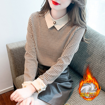 加绒加厚格纹衬衫女秋冬装2025年新款设计感小众洋气内搭打底上衣
