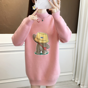 秋冬季新款水貂绒半高领毛衣女韩版宽松加绒加厚中长款针织打底衫
