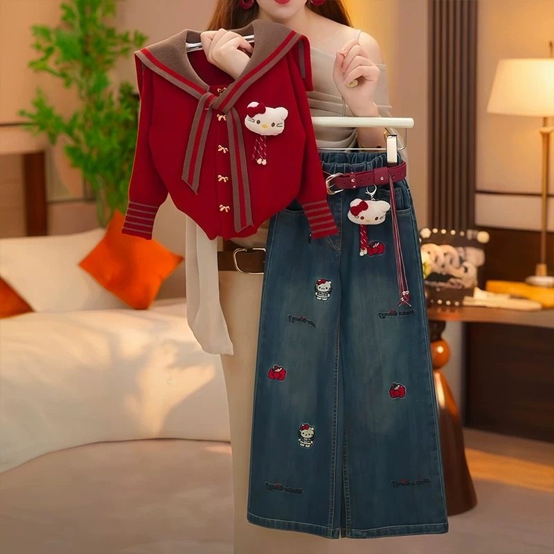 女童KT猫套装春秋季2025新款儿童毛衣外套女孩秋装牛仔裤两件套,童装/婴儿装/亲子装,套装,淘宝优惠券,粉丝福利购,淘宝优惠卷