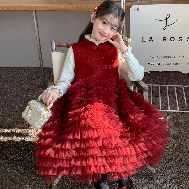 女童新中式红色蛋糕裙加绒礼服