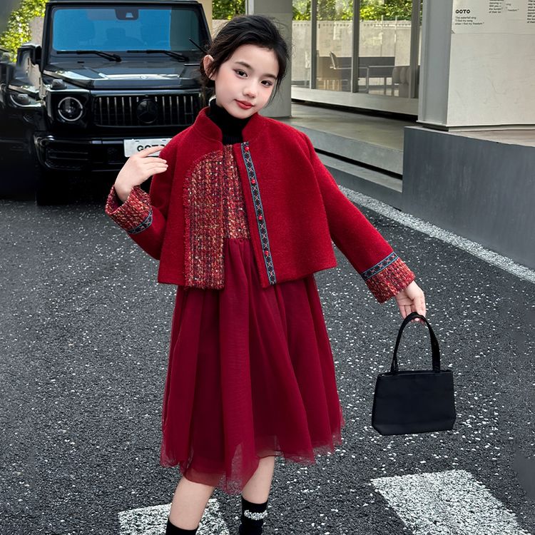 女童国风连衣裙红厚秋冬拜年套装