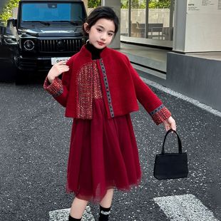 红色新年裙子中大童加厚秋冬拜年套装 女童国风连衣裙2025冬季 新款