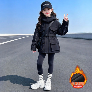 女童棉袄冬季2026新款黑色夹棉加厚冲锋衣儿童冬装中长款棉衣外套