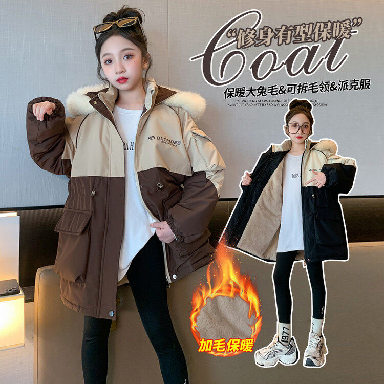 女童派克服中长款收腰加绒加厚女孩棉衣中大童6-12岁15岁冬季外套
