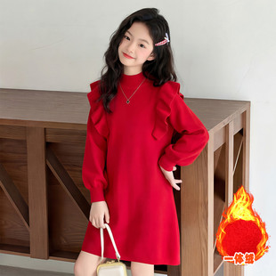 女童红色新年毛衣裙秋冬装2026新款大童女孩中长款加绒针织连衣裙