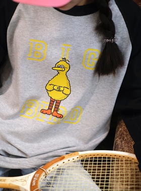 买梦想的奶奶BIGBIRD大鸟麻灰黑色边无缝斜肩拼色弧形下摆长袖T