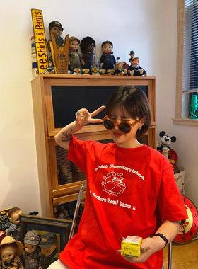 买梦想的奶奶红色恶霸狗狗趣味性四季青春圆领日常短袖tee情侣装