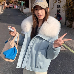 新款鹿皮绒大毛领棉外套女短款气质宽松小个子pu棉服冬季羽绒棉衣